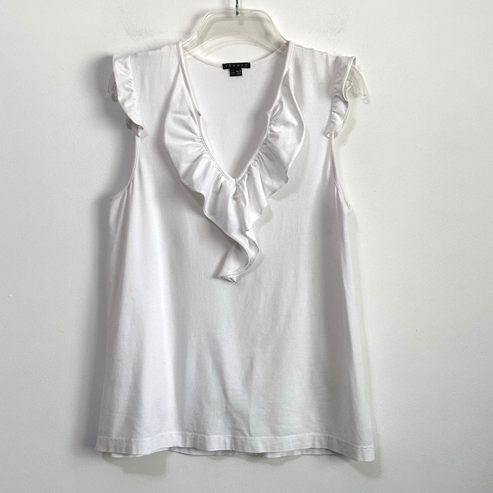 Theory Top Shirt L White Ruffle V Neck Sleeveless Stretch‎ Summer Trendy Tee